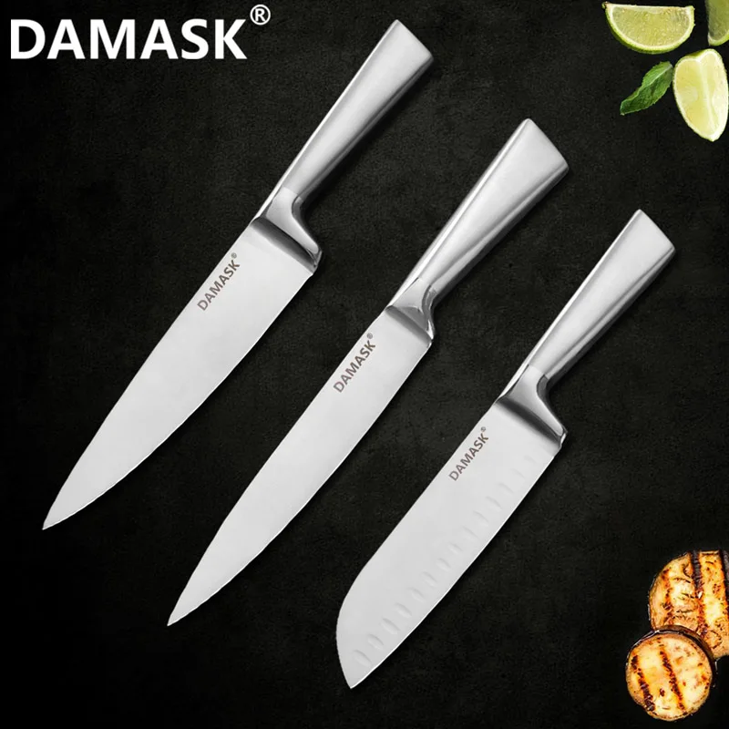 3 pcs set Дамасский дизайн, кухонный нож из нержавеющей стали, 3Cr13mov, острое лезвие, набор поварских ножей, слайсер для суши, сашими, нож для приготовления хлеба - Цвет: 3 pcs set