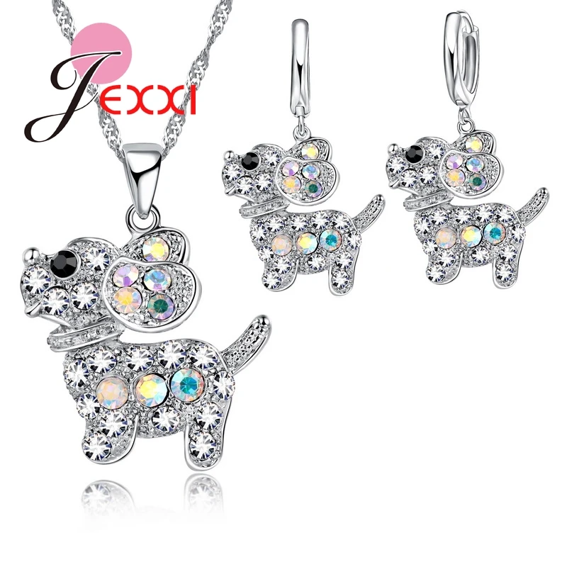 Fashion Bridal Jewelry Sets For Women Girls Dog Cute CZ Crystal 925 Sterling Silver Necklace Earrings Animal Party Gift | Украшения и