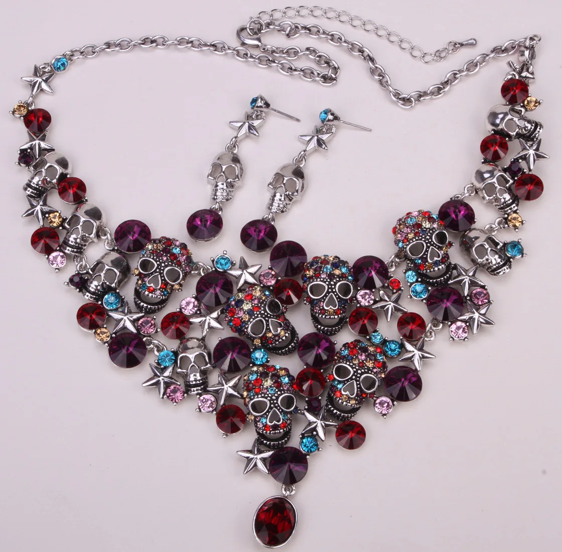 Skull star necklace earrings sets women biker jewelry gifts W/ crystal antique silver color NC03 wholesale dropshipping | Украшения и