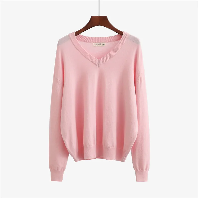 pink Женские свитера большого размера, весна-осень, тонкие вязаные пуловеры с длинным рукавом и v-образным вырезом, свободные женские короткие свитера 2227 - Цвет: pink