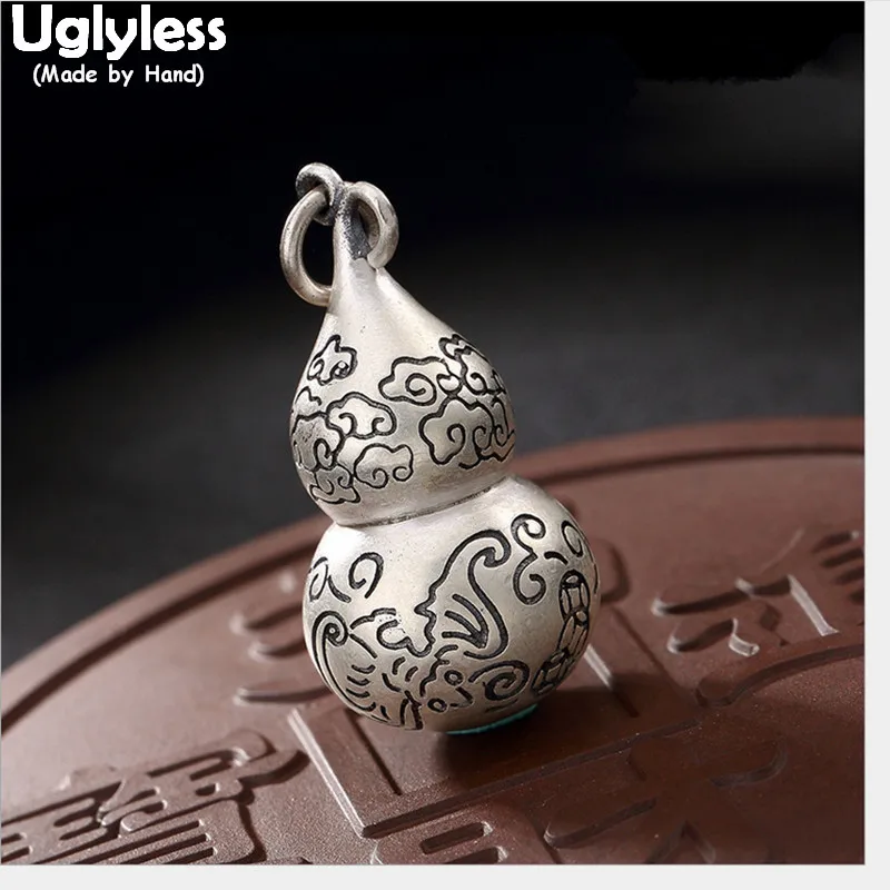 

Uglyless 100% Real Solid 990 Pure Silver Gourd Pendants Necklaces NO Chain Ethnic Handmade Fine Jewelry Handmade Totem Patterns