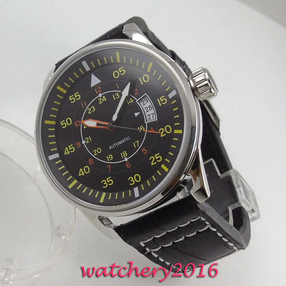 Мужские часы из нержавеющей стали с черным циферблатом и желтым 43 мм | Наручные