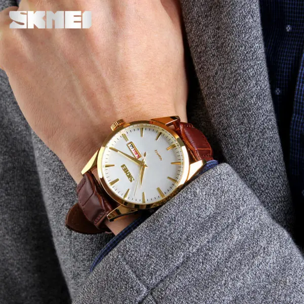 SKMEI Мужские кварцевые наручные часы Классические деловые с кожаным ремешком