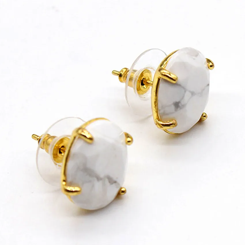 

100-Unique 1 Pair Light Yellow Gold Color Oval Shape White Turquoises Stone Stud Earrings Elegant Women's Earring