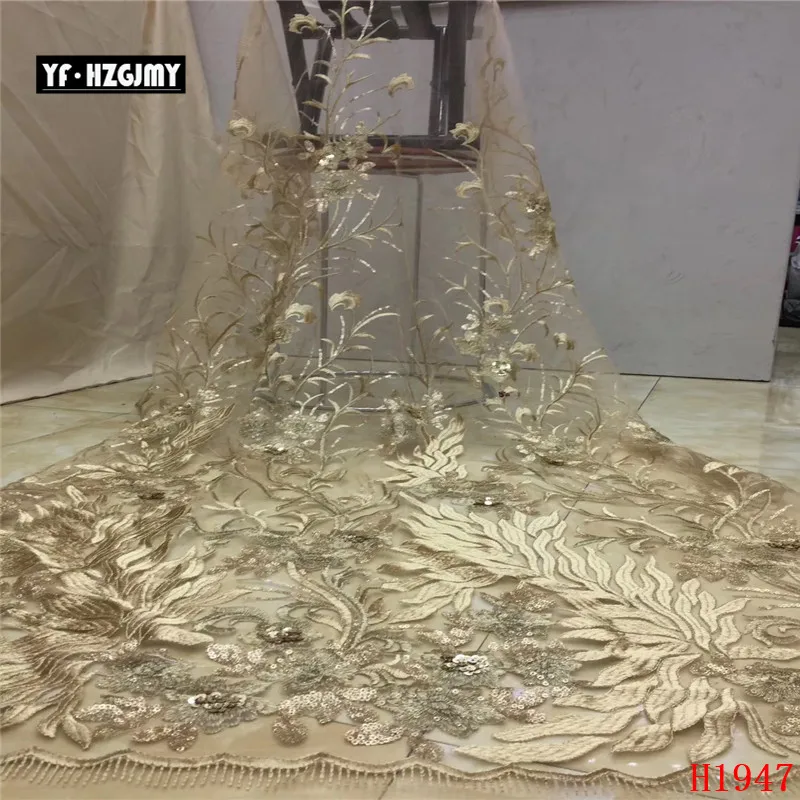 

YF HZGJMY New arrival african blue sequins lace fabric flower pattern shiny sequined tulle fabric for wedding dress bridal gown