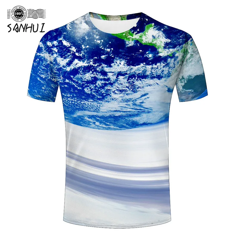 Sanhui 2017 летняя мода мужская globe/земля отпечатано о образным вырезом топ футболка s m