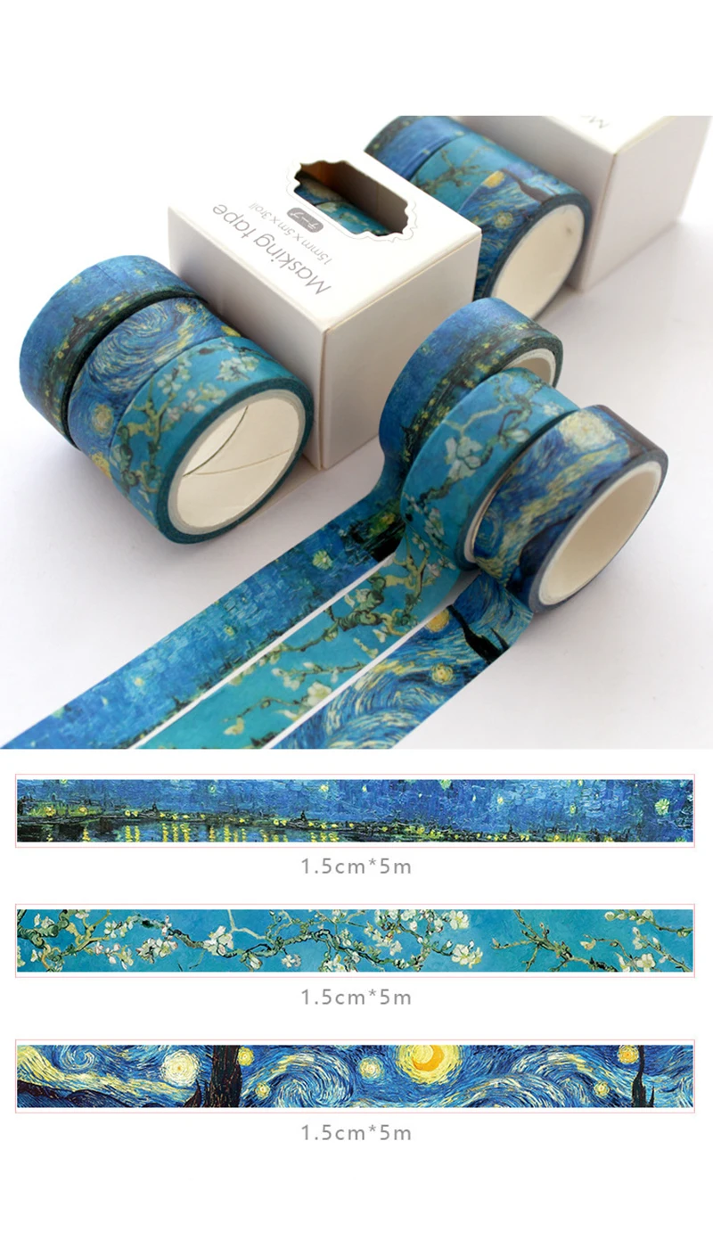 3Pcs Van Gogh Starry Sky Bullet Journal Washi Tapes Set Masking Decorative Adhesive Tapes Scrapbooking Label Stickers Stationery