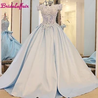 bridal affairluxury real photos appliques wedding dress satin v neck floor length baby blue dresses 2021 with flowers