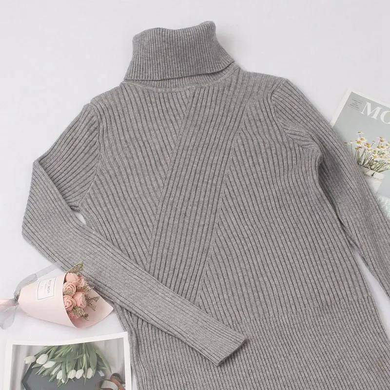 grey 11789 ONLYSVTER, Осень-зима, женское платье-свитер с высоким воротом, модные платья в рубчик, длиной до колена, длинное, толстое, теплое женское платье - Цвет: grey 11789