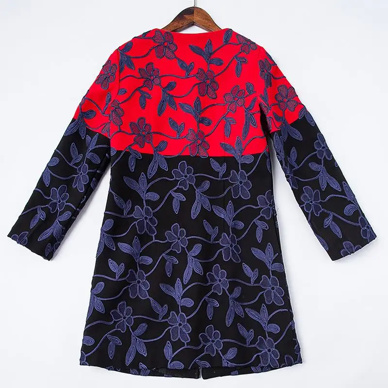 Elegant Jacket New 2016 Autumn Winter Fashion Brand Full Sleeve Blue Embroidery Red Black Spliced Women Long | Женская одежда