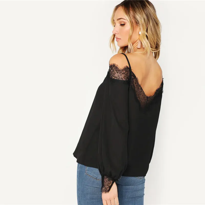 SHEIN Элегантный Топ С Открытыми Плечами И Кружевной Отделкой, Ажурный Топ С Длинными Рукавами