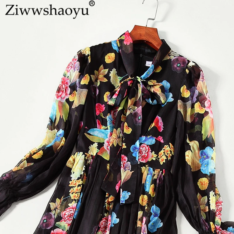 Ziwwshaoyu Europe and America 2018 autumn long dress Bohemian A-Line Print Bow Lantern Sleeve Big pendulum Long | Женская одежда