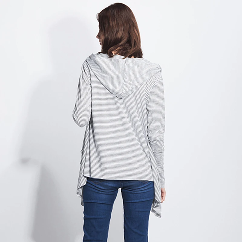 Bigsweety Womens Casual Hooded All-match Cardigans Long Sleeved Asymmetric Cardigan New European Striped Overcoat Women Outwear |