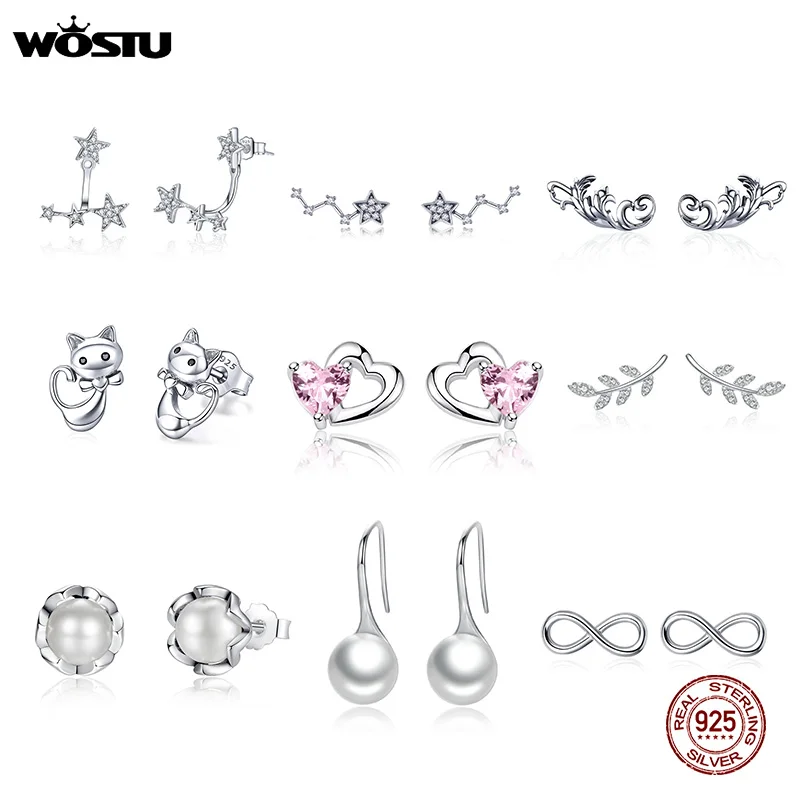 WOSTU 925 пробы серебряные серьги-гвоздики цветок сердце звезды кошка жемчуг маленькие серьги для женщин Свадебные украшения для помолвки