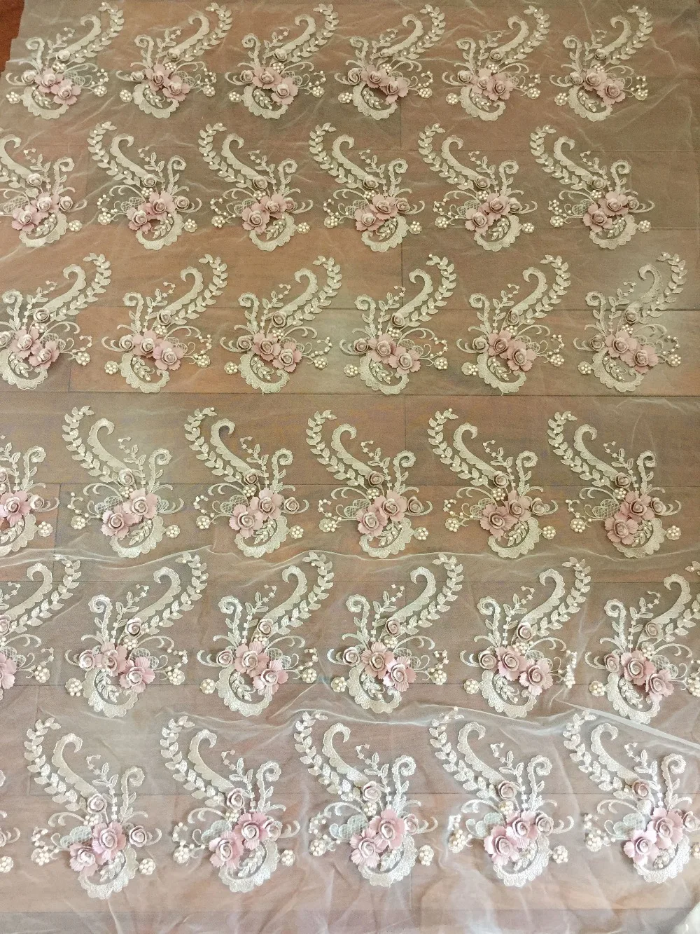 

one yard Exquisite 3D heavily pearl beaded floral lace fabric in dust pink , Blossom Flower Lace Fabric dress haute couture