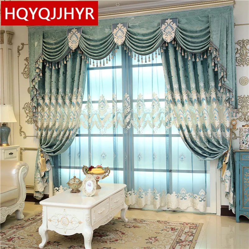

European luxury laser embroidered Window curtains for living room balcony classic high quality blue curtains for bedroom kitchen