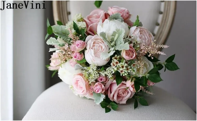 JaneVini Artificial Blush Pink Bride Bouquet Rose Vintage White Peony Silk Flower Wedding Bouquets Fake Bridal Brooch Holder | Свадьбы и