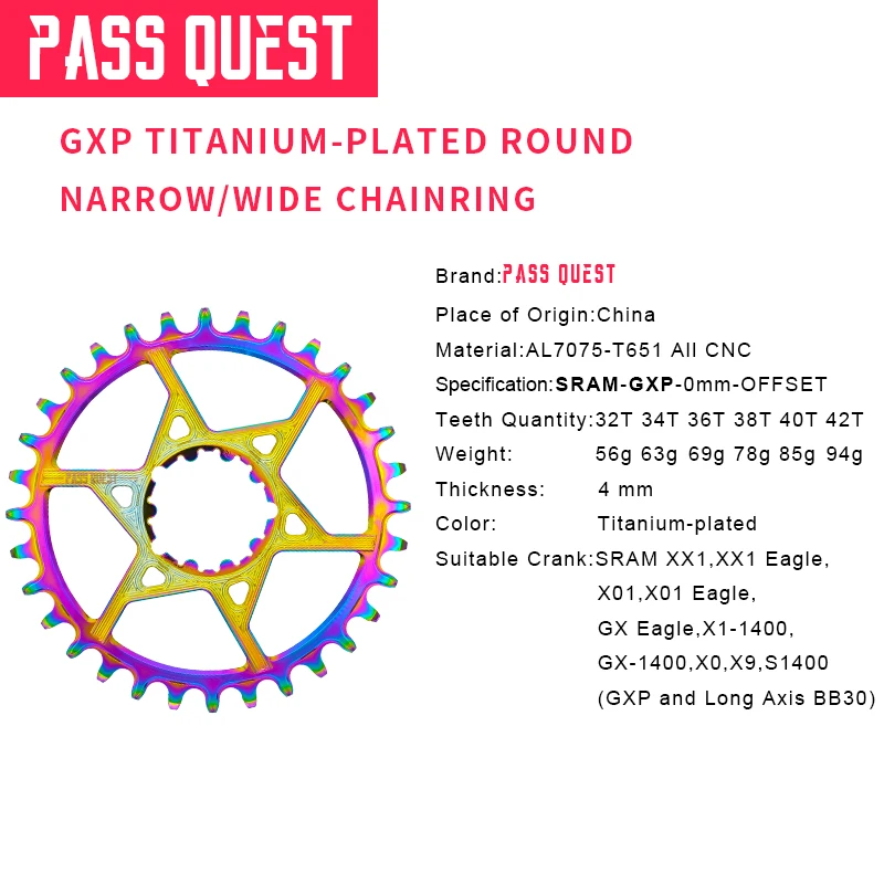 

Narrow Wide 0mm Offset for Gxp Titanium-Plated Round Chainring 32T 34T 36T 38T 40T 42T for Sram XX1 EAGLE X01 GX-1400 Crankset