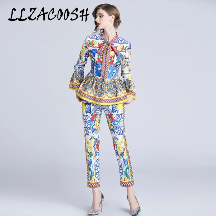 picture color Мода, Подиумные штаны, костюм, наборы, женские, с расклешенными рукавами, с бантом, с воротником, с принтом, блузки и повседневные штаны, комплект из двух предметов - Цвет: picture color