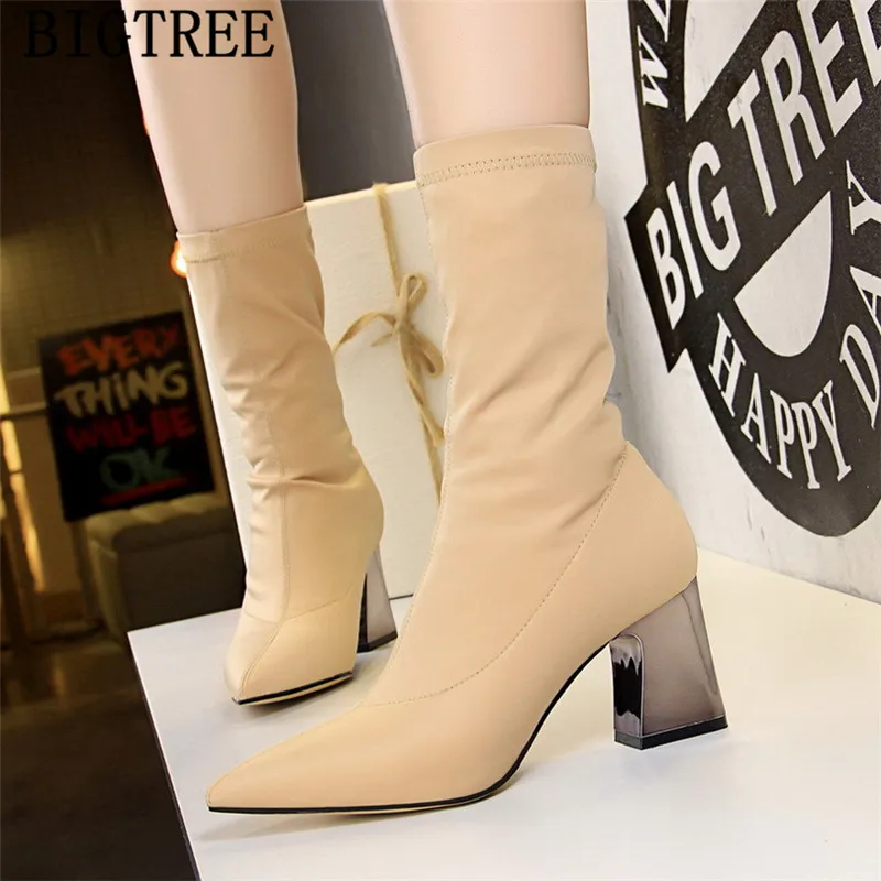 Bigtree обувь сапоги на высоком каблуке Женская с острым носком женские ботильоны