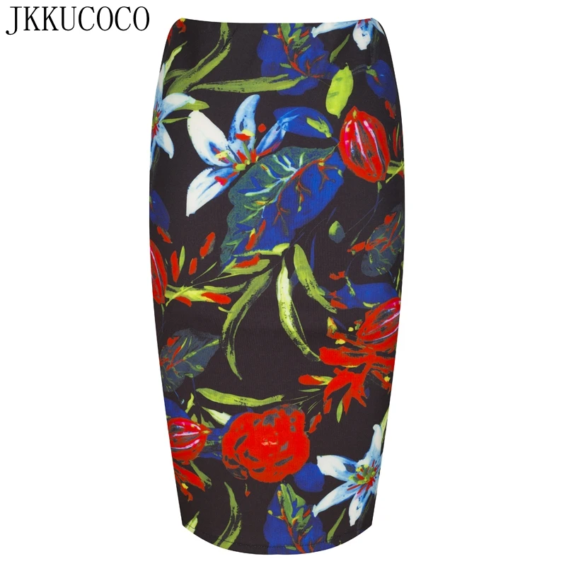 Jkkucoco vintage цветы распечатать юбки высокой талии до колен пакет хип юбка карандаш