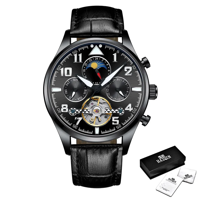 Leather All Black HAIQIN мужские часы Механические Турбийон роскошные модные брендовые кожаные мужские спортивные часы мужские автоматические часы Relogio Masculino - Цвет: Leather All Black