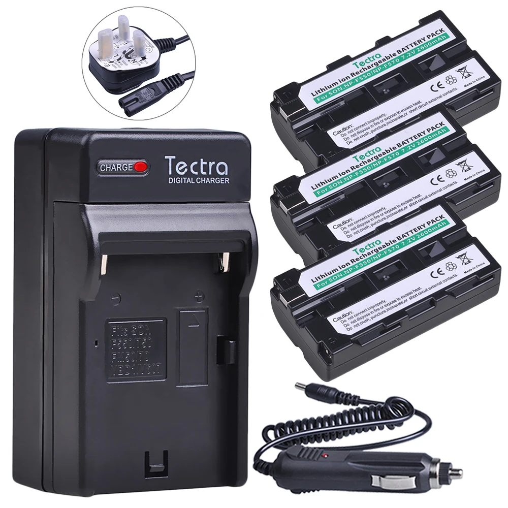 Tectra 3 шт. 2600 мАч NP-F550 NP-F570 батарея для Sony CCD-SC55 CCD-TRV81 NPF570 NP F550 батарея + Цифровое зарядное устройство + вилка стандарта Великобритании