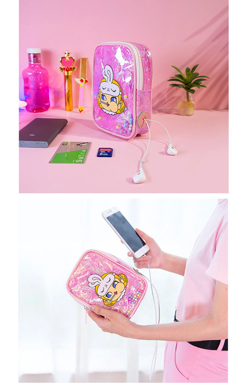 Новая лазерная голограмма блестящие милые девушки носить телефон сумка Bentoy печатных наушники провода отверстия сумки кролик Русалка портмоне