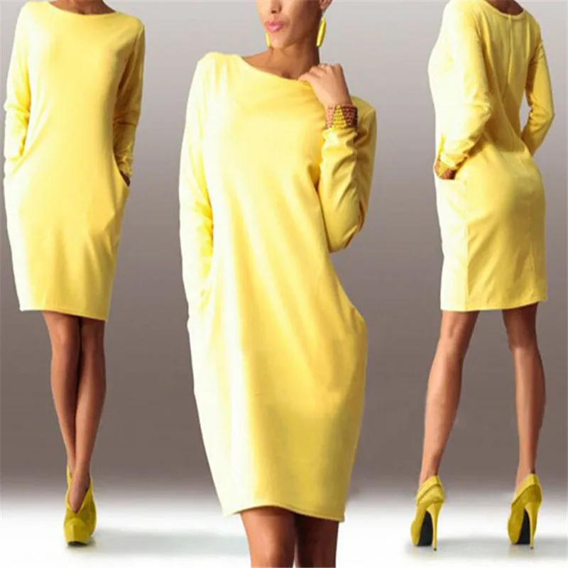 Новый Бренд Осень Зима Женщин Платье Карманы Украшения Bodycon О Шея Полный Рукавом