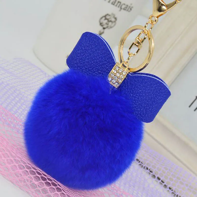 Мех Pom брелок Стразы бант Настоящий мех кролика мяч сумка Автомобильная цепь с