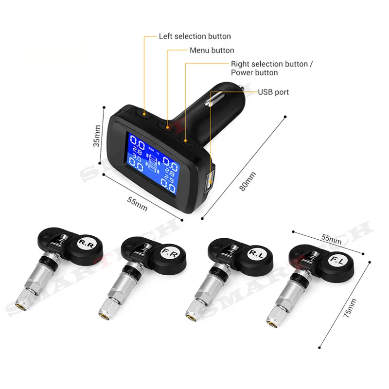 SMARTECH USB 2,0 TPMS с автомобильным зарядным устройством, универсальный прикуриватель, цифровой ЖК-дисплей, автоматическая система охранной сигнализации, давление в шинах