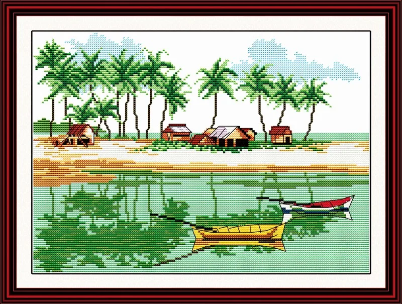 

Family on little boat cross stitch kit 18ct 14ct 11ct count printed canvas stitching embroidery DIY handmade needlework