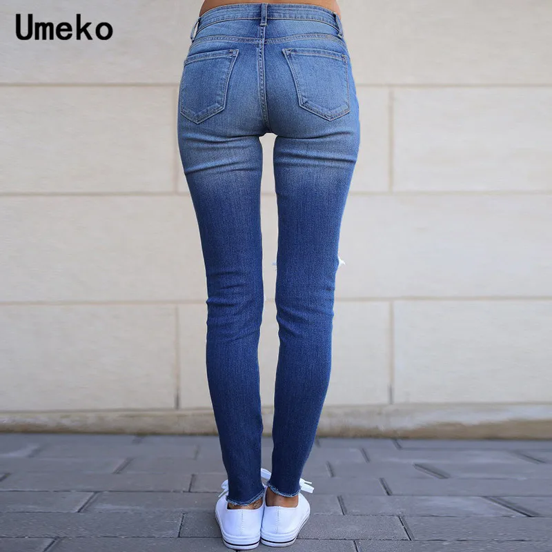 Женские джинсы с высокой талией Umeko Синие рваные Стрейчевые длинные брюки осень