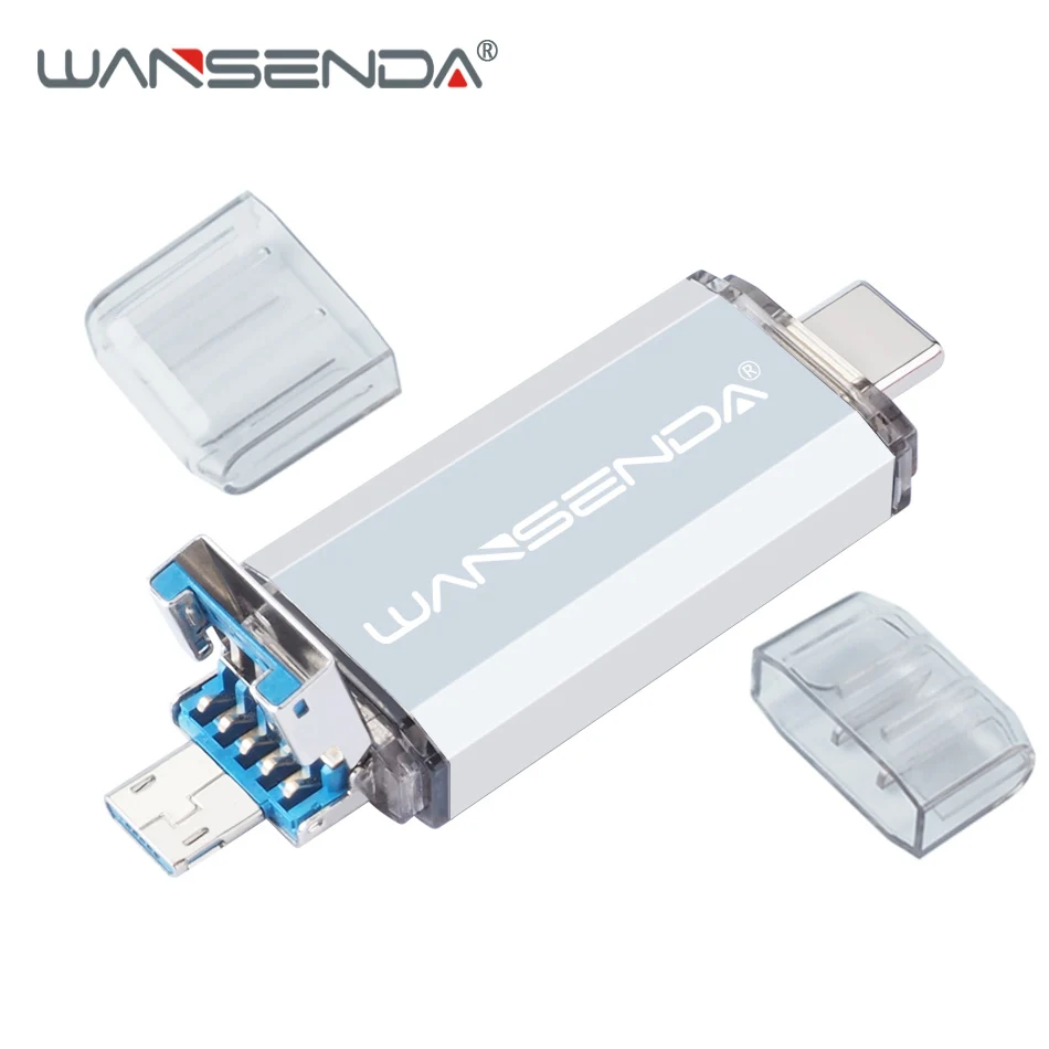 WANSENDA OTG 3 в 1 флеш-накопитель USB 3,0 usb-накопитель type-C 32 Гб 64 Гб 128 ГБ 256 ГБ 512 ГБ флеш-накопитель для Android мобильных устройств/ПК - Цвет: Серебристый