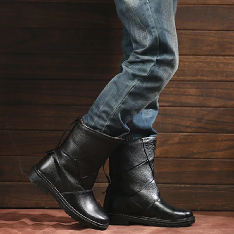 Мужские теплые ботинки черные кожаные на плюшевой подкладке водонепроницаемая