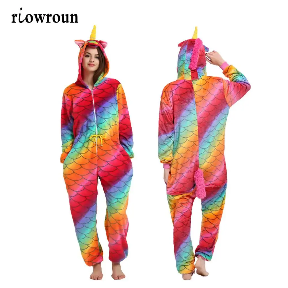 Fish scale unicorn 1 Зимние пижамы с единорогом для взрослых, пижамы с рисунками животных, пижамы с единорогом, Женские Фланелевые пижамы с капюшоном - Цвет: Fish scale unicorn 1