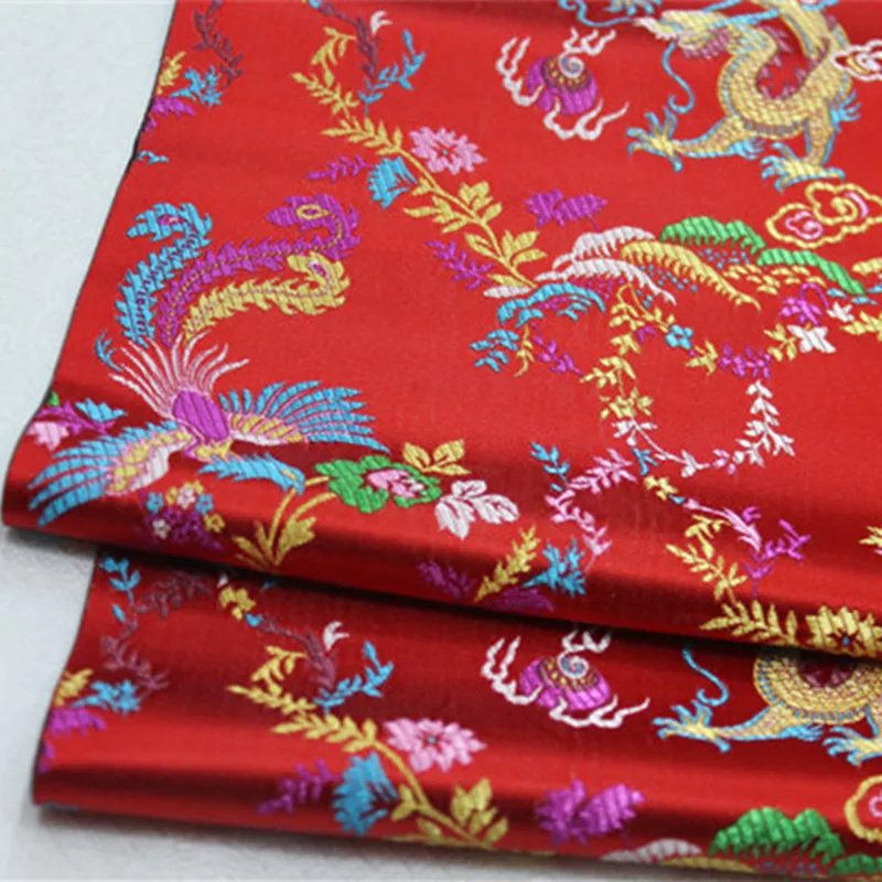 CF522 Red/Golden/Pink Dragon &amp Phoenix Embroidered Brocade Fabric Chinese Silk Stain For Couple's Wedding Clothes |