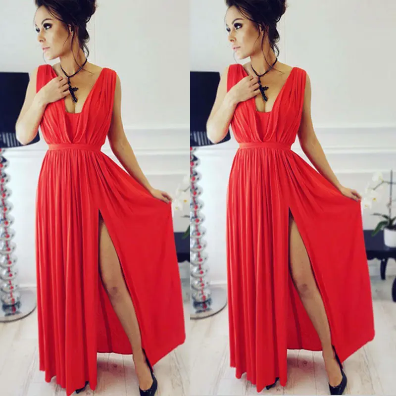 Женское длинное пляжное платье бохо Элегантное макси без рукавов с глубоким v