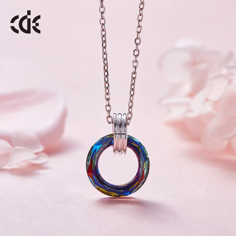 CDE 925 пробы Серебряное ожерелье украшено кристаллами от Swarovski красочный круг ювелирные изделия кулон ожерелье для женщин