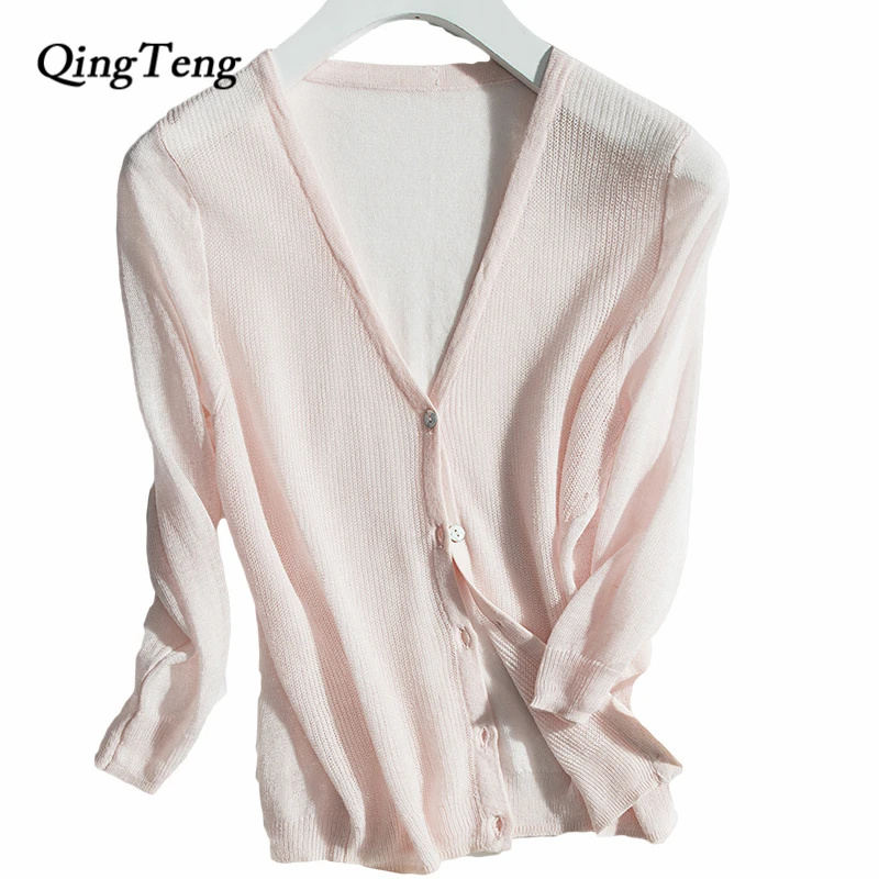 Summer Female Cardigan Big Size Thin Knitted Short Sweater Blusas Sunscreen High Grade Women V Neck Knitwear Transparent |