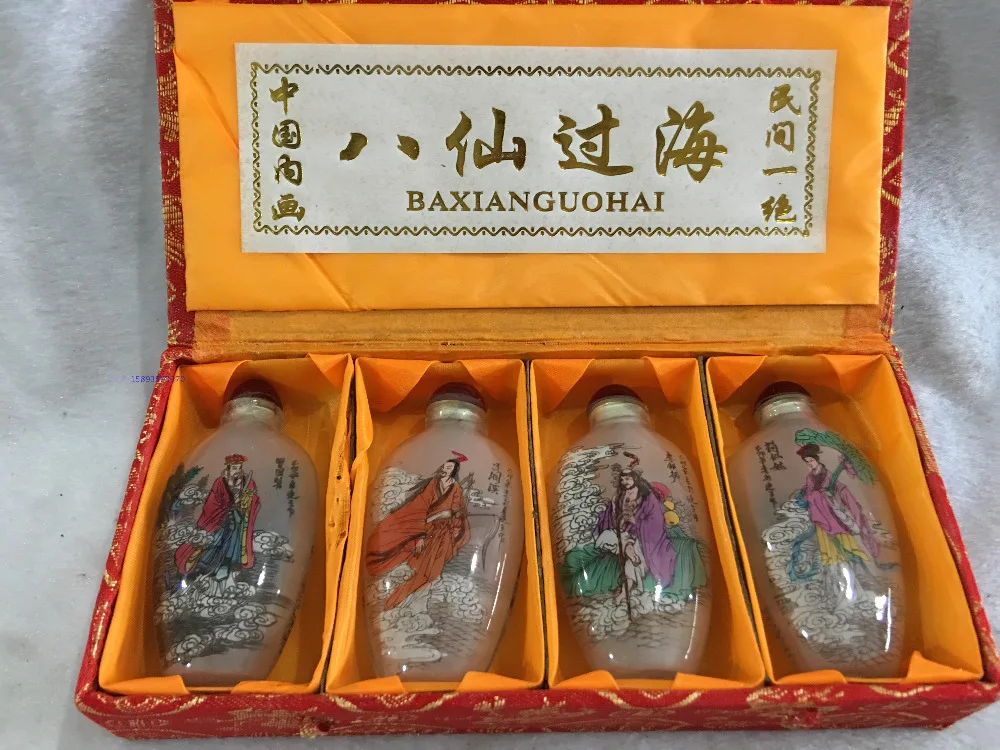 

4pc Chinese collection The Eight Immortals crossing the sea painting glass SNUFF BOTTLE-painting home decoration SNUFF BOTTLE