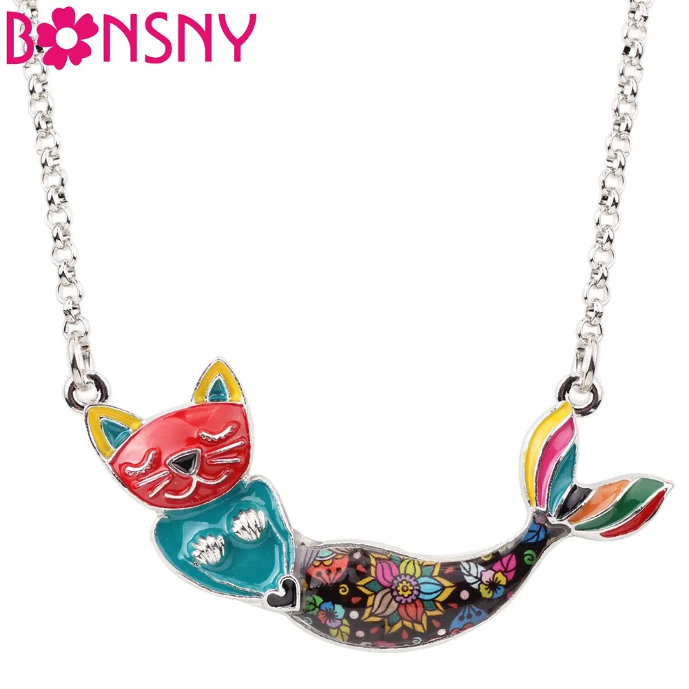 

Bonsny Enamel Alloy Mermaid Cat Necklace Pendant Chain Choker Cute Animal Jewelry For Women Girls Teens Birthday Gift Drop Ship