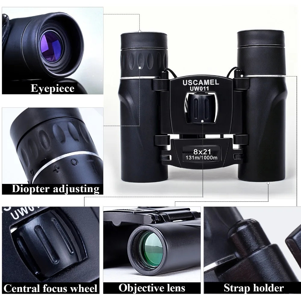Uscamel 8 x 21 компактный зум бинокль большой дальности 3000 м складной HD мощный мини-телескоп Bak4 fmc-зеленый оптика охота спорт черный