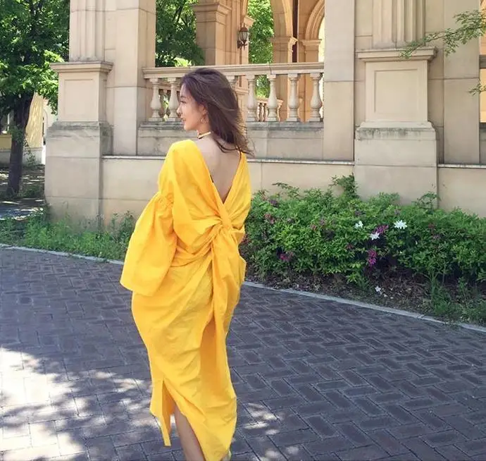 Женское плиссированное платье с бантом Элегантное Длинное желтое цветочным