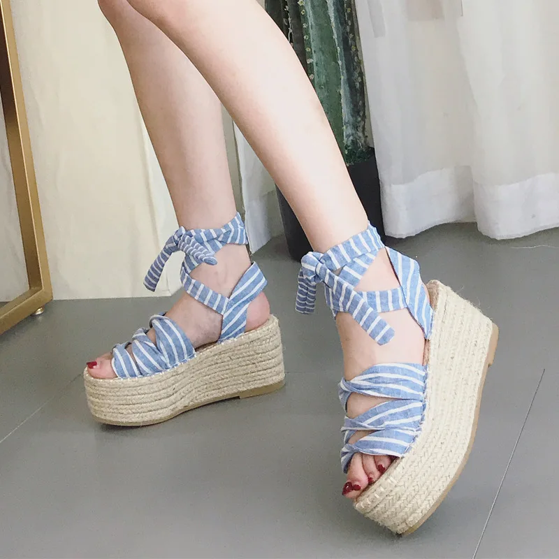 Sandalias mujer; обувь года; женские мохнатые сандалии; zapatos de mujer; женские босоножки на танкетке в римском стиле с ремешками на лодыжках; гладиаторы - Цвет: Синий