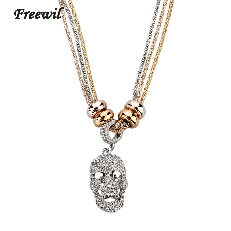 

New Fashion Jewelry Hot Sale 2016 Multicolor Chain Necklace Full Austrian Crystal Skull Pendant Necklace For Women Men SNE140164