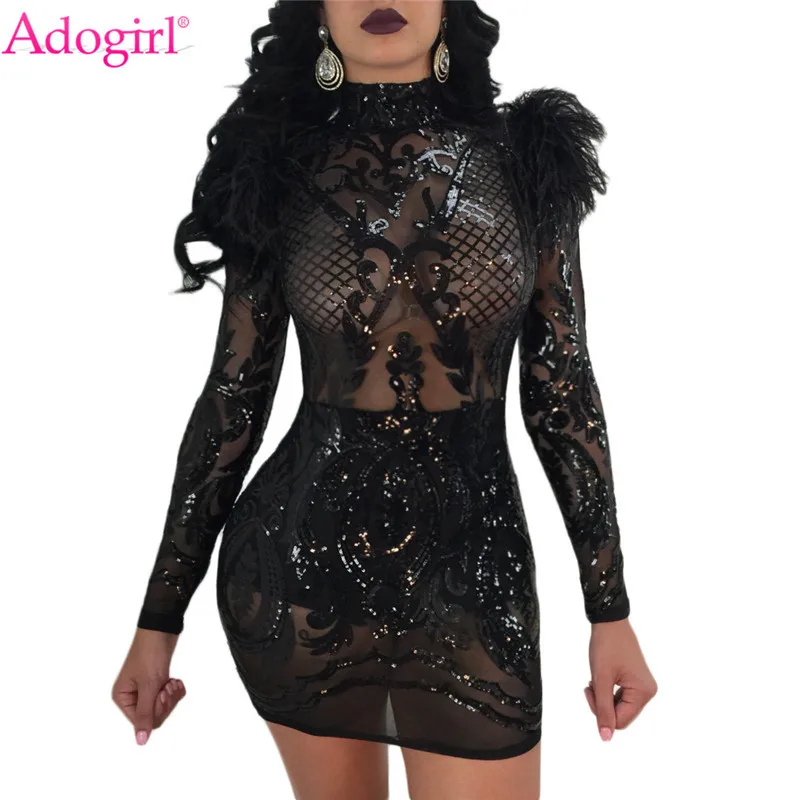 Новинка 2018 Клубное платье Adogirl с блестками и открытыми плечами прозрачное