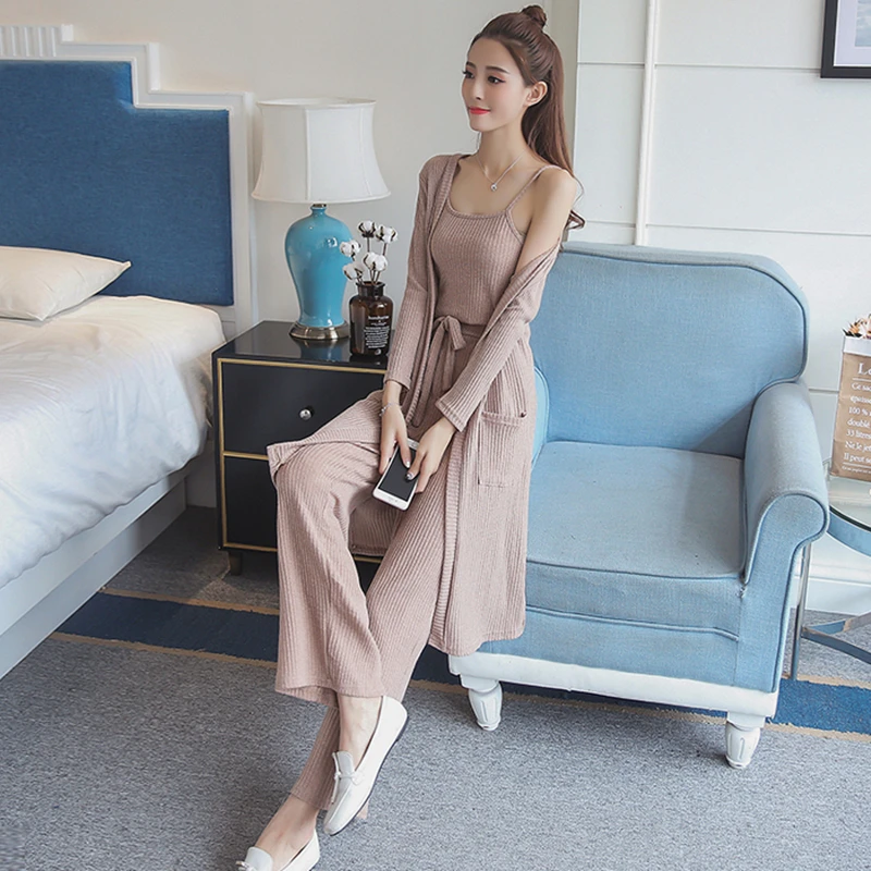 New Spring Summer Three pieces Set Women's Long sleeved Cardigan + Knitted Camisole Wide Leg pants Female Suit Clothing CY276 | Женская