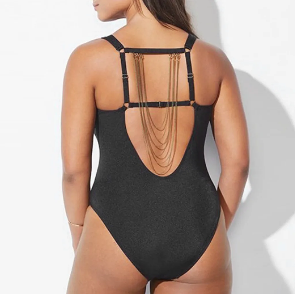 Для женщин Одна деталь Push Up Bikini Beach монокини для ванной V шеи сплошной черный