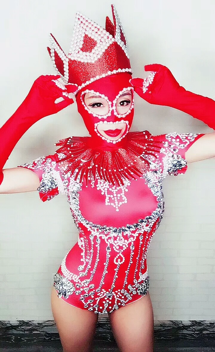 Red leotard bodysuit bright Crystals jumpsuit Rompers female costume sexy performance costume DJ DS show prom bar stage